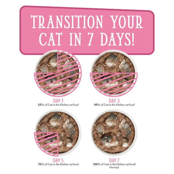 The Family Pet salmon wet cat food transition guide showing gradual feeding over seven days