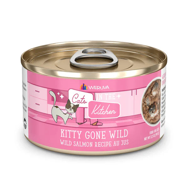 Salmon wet cat food can from The Family Pet with Kitty Gone Wild wild salmon recipe label