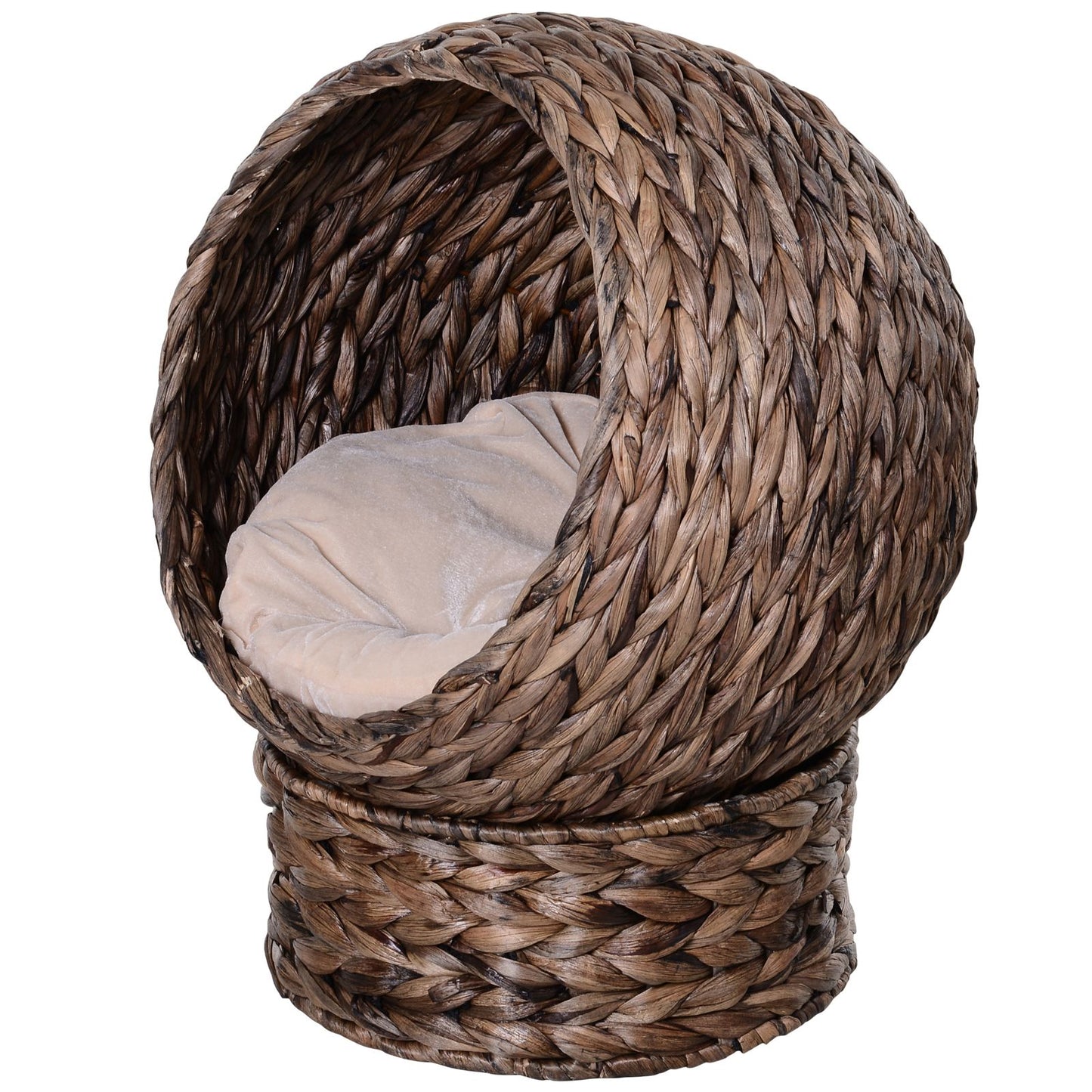 Wicker cat bed with cushion in a cozy covered dome shape for comfortable pet resting