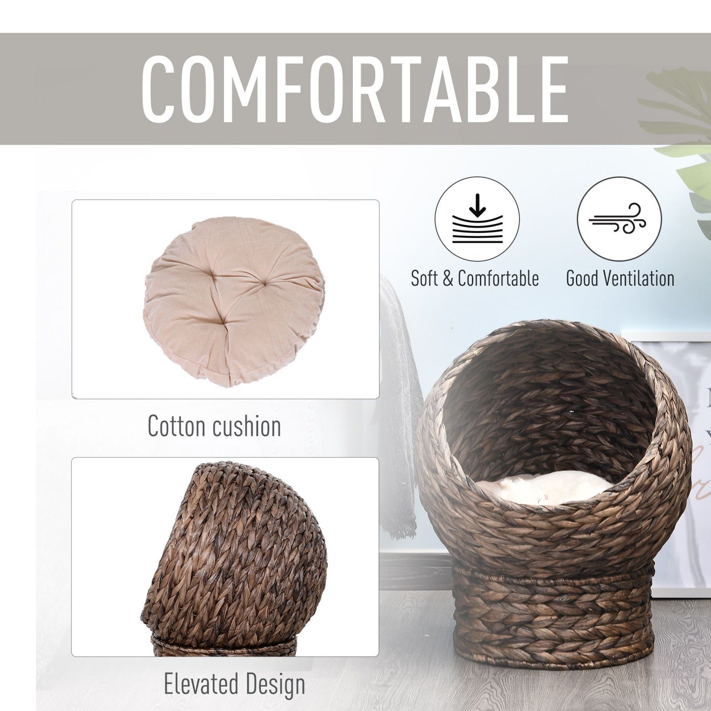 Wicker cat bed with cushion featuring soft cotton cushion and elevated woven design for comfort and ventilation