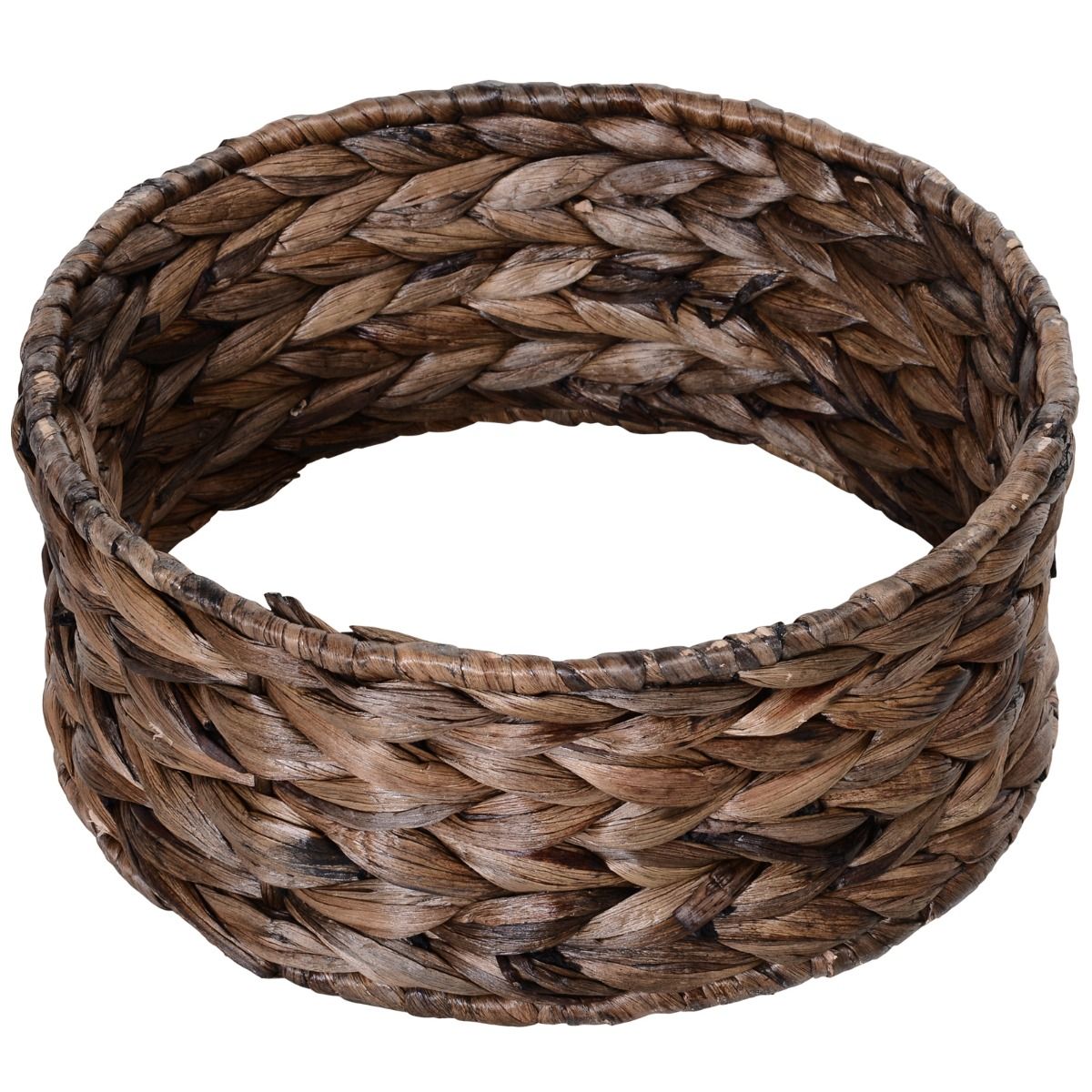Round wicker cat bed with cushion featuring tightly woven natural brown fibers