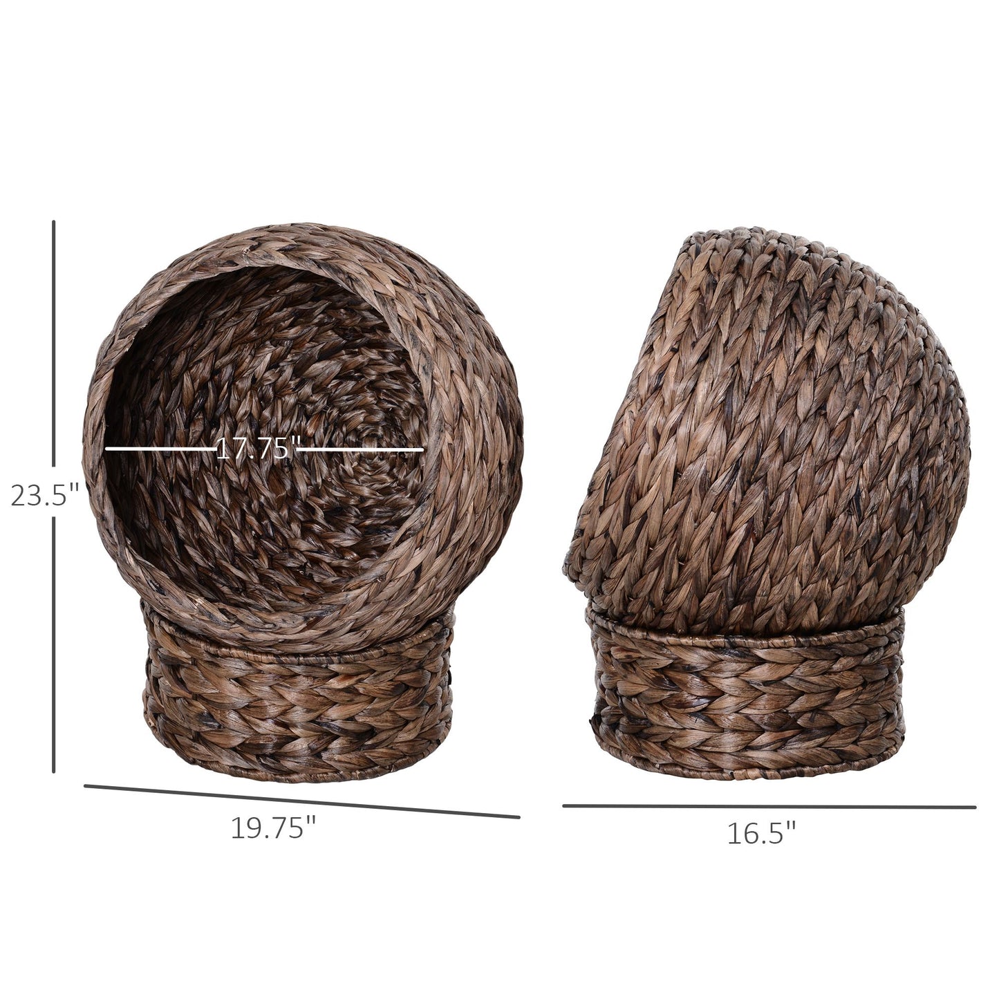 Wicker cat bed with cushion in brown woven design showing front and side views with dimensions