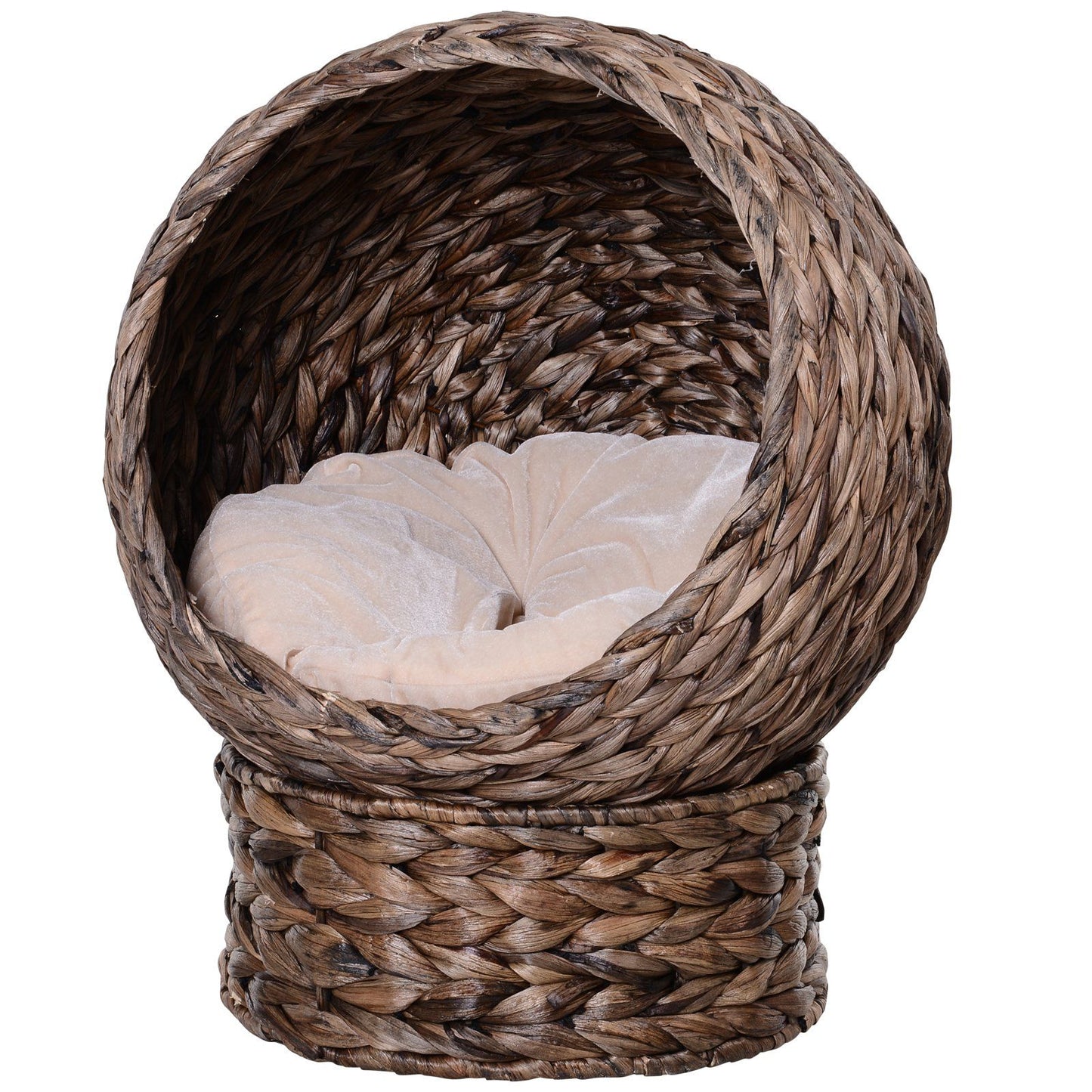 Wicker cat bed with cushion featuring a round woven design and soft beige cushion inside