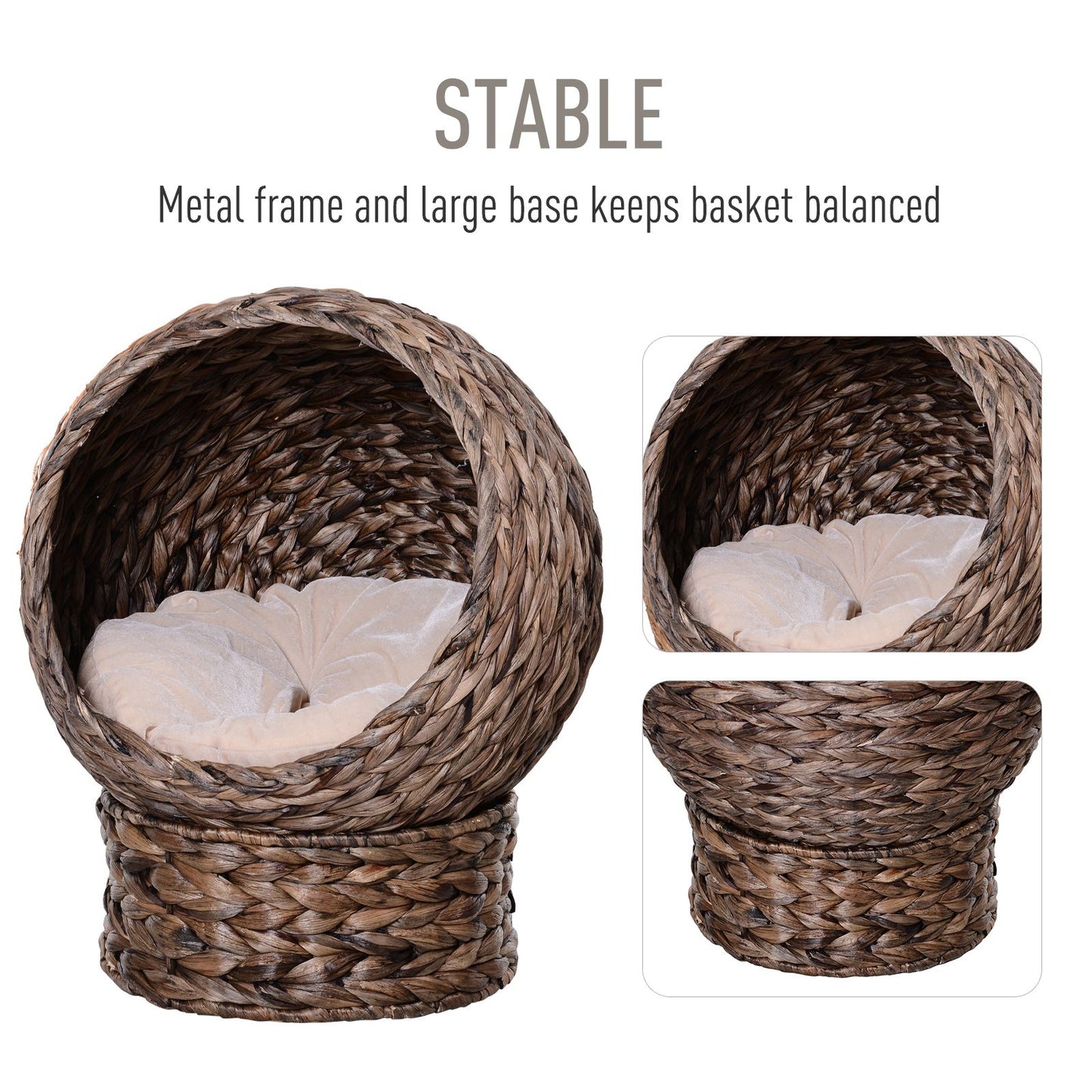 Wicker cat bed with cushion featuring a stable metal frame and large base for balanced support