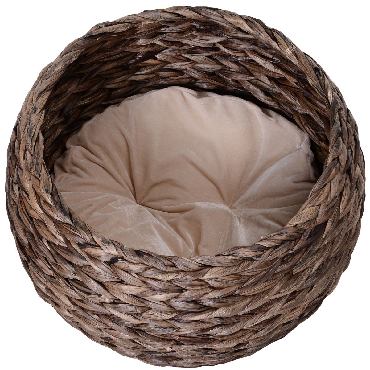 Wicker cat bed with cushion featuring a natural woven design and soft beige padded interior