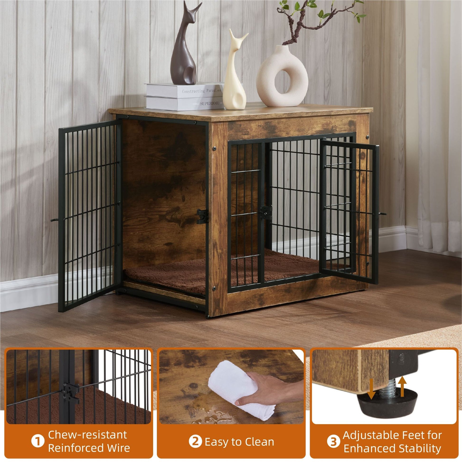 Wooden dog crate furniture with double metal doors, chew-resistant wire, easy to clean, and adjustable feet