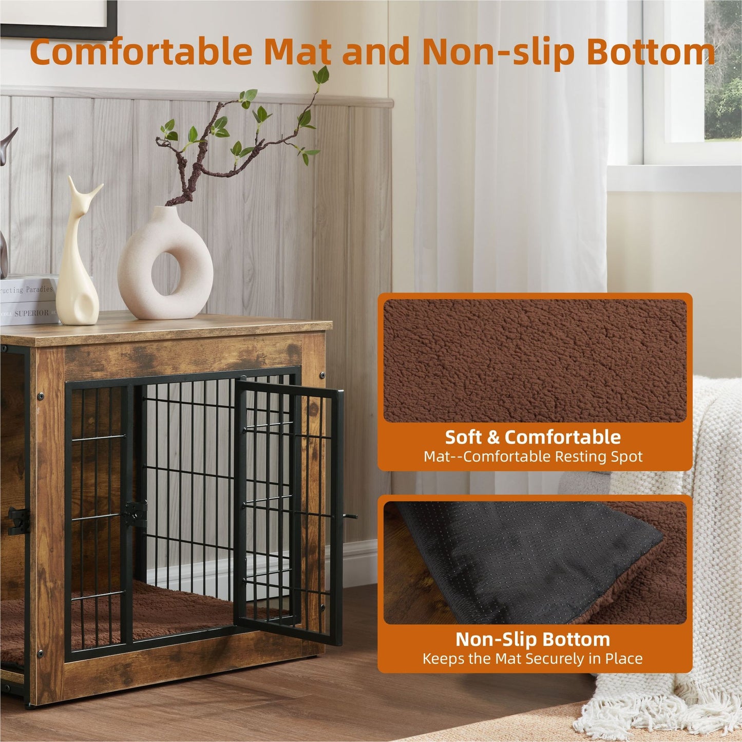 Wooden dog crate furniture with black metal door open showing comfortable mat and non-slip bottom