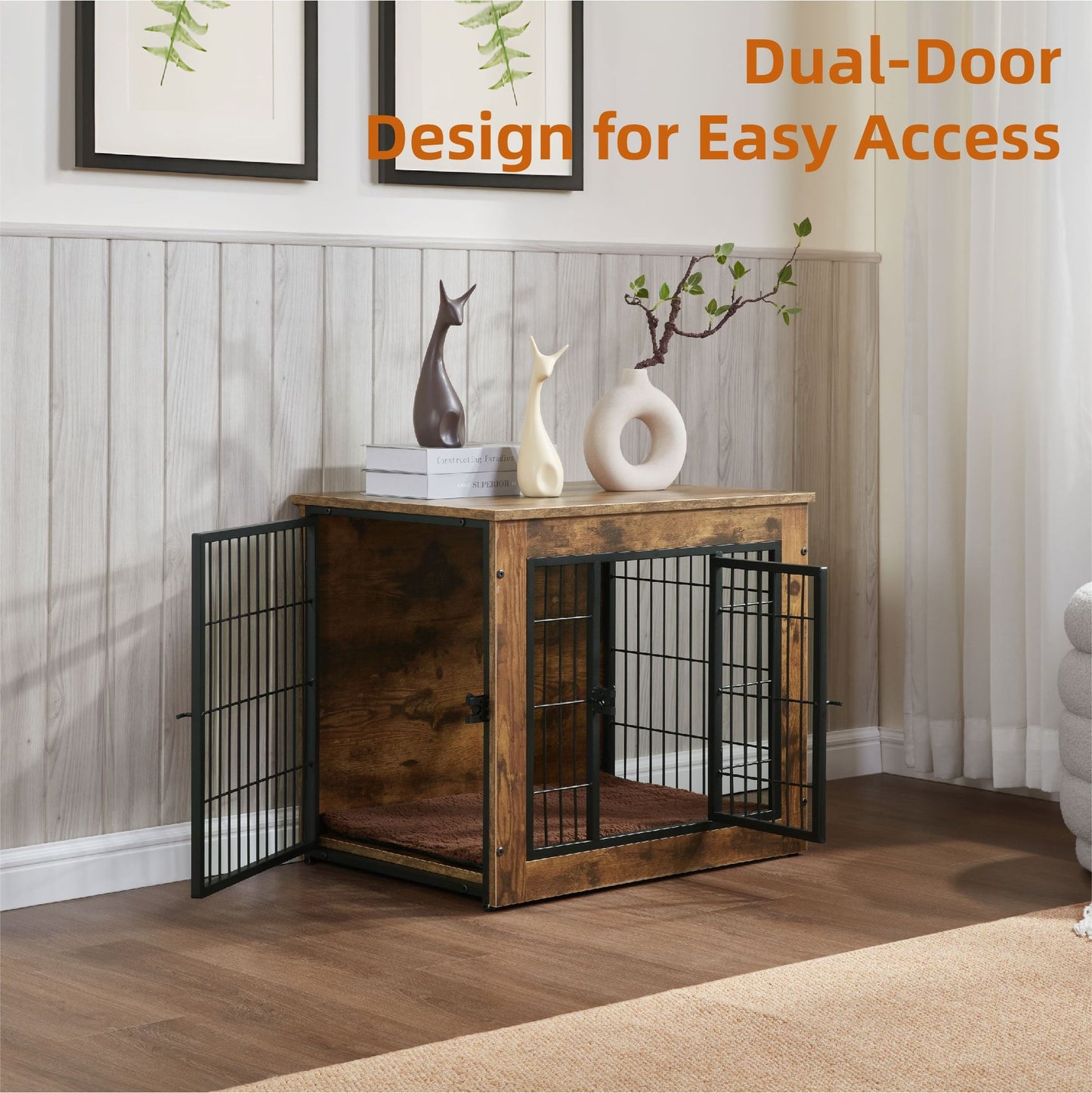 Wooden dog crate furniture with dual-door design for easy access in a living room setting