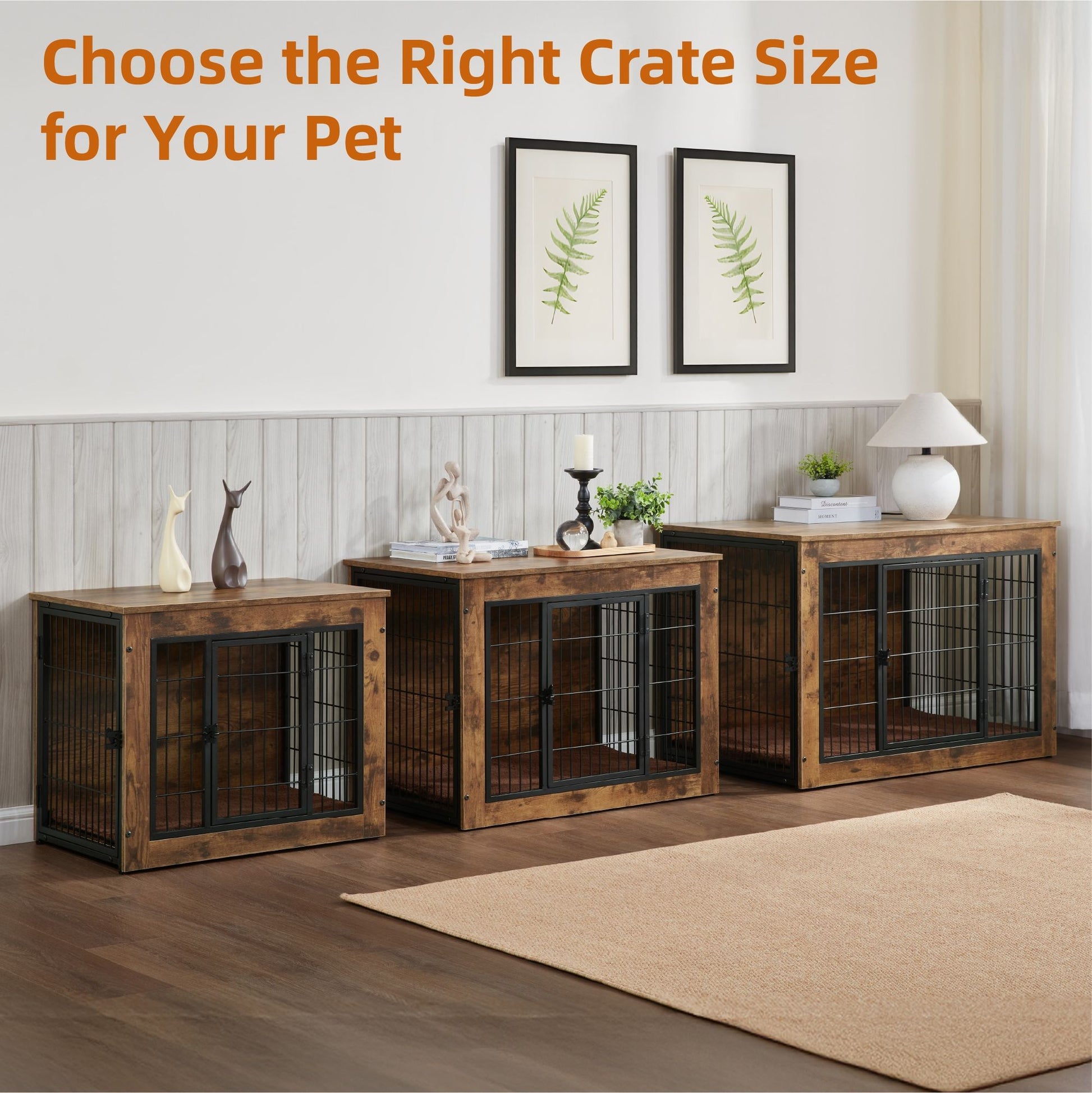Set of three wooden dog crate furniture pieces in different sizes with metal wire doors placed in a living room
