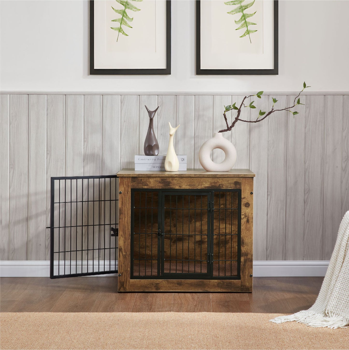 Wooden dog crate furniture with metal door in a cozy living room setting from PawCounter.com