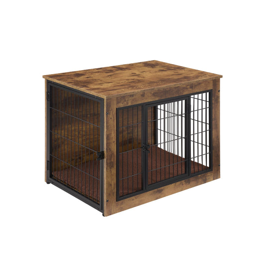 Wooden dog crate furniture with black metal wire doors and rustic brown finish