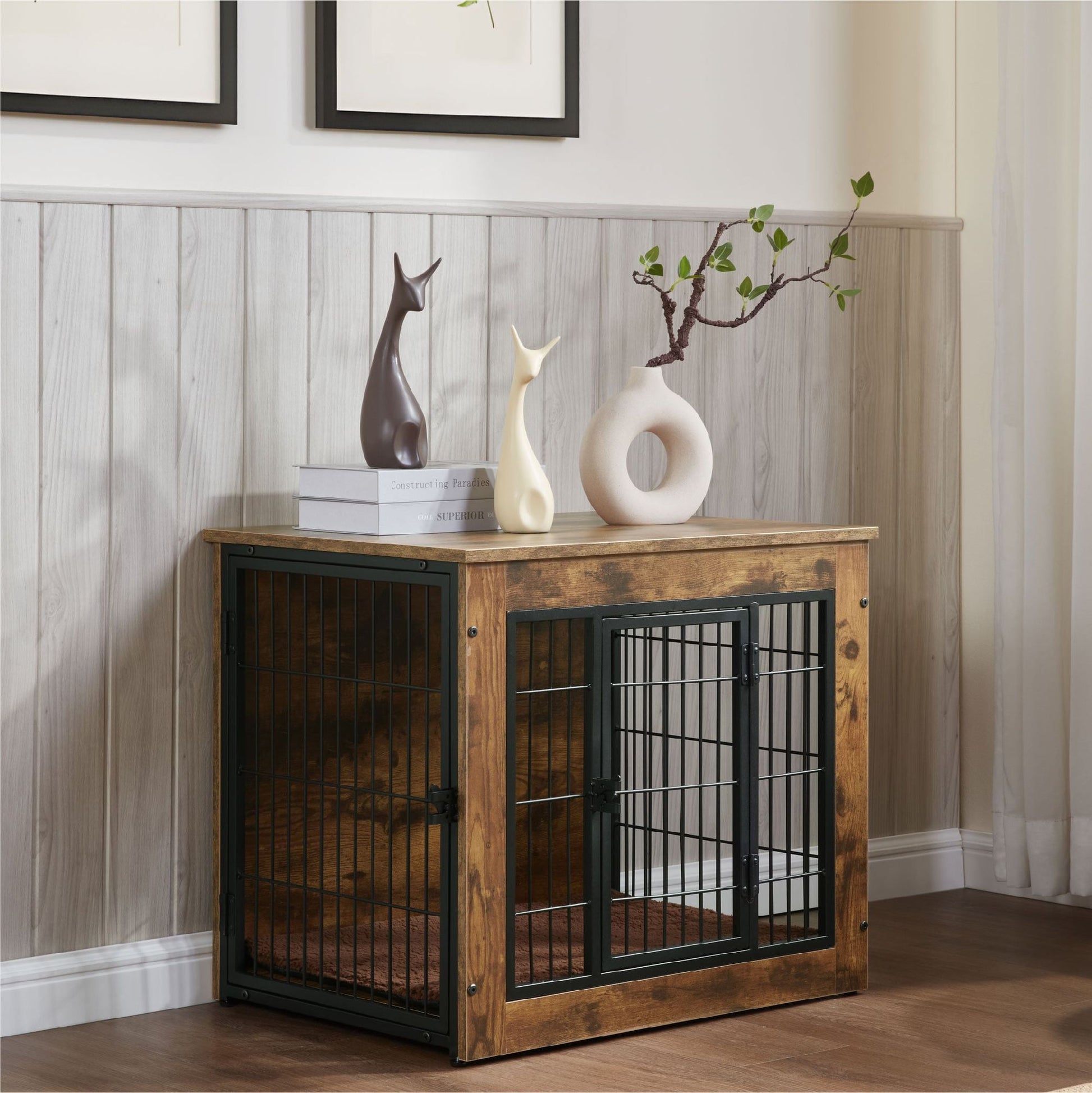 Wooden dog crate furniture with black metal bars and decorative items on top in a cozy room