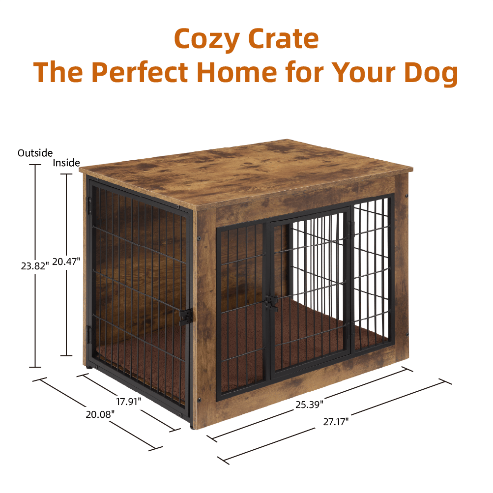 Wooden dog crate furniture with metal wire panels and cozy interior for pet comfort and home decor