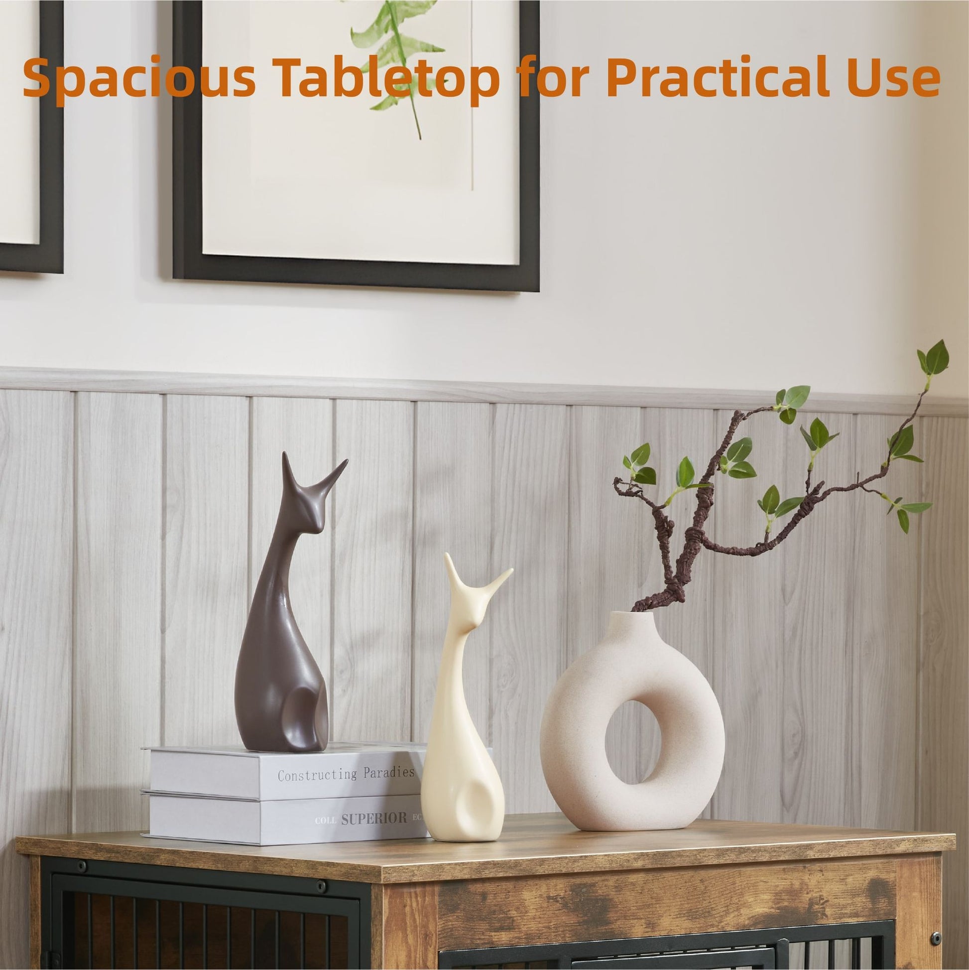 Wooden dog crate furniture with spacious tabletop holding decorative vases and framed artwork
