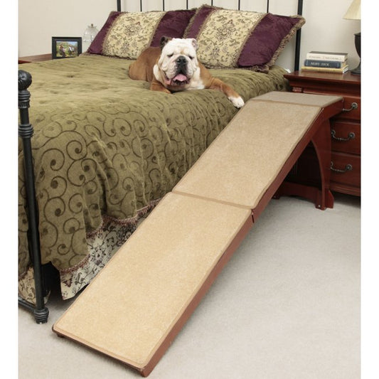 PetSafe wooden dog ramp bedside with carpeted surface beside bed for easy dog access