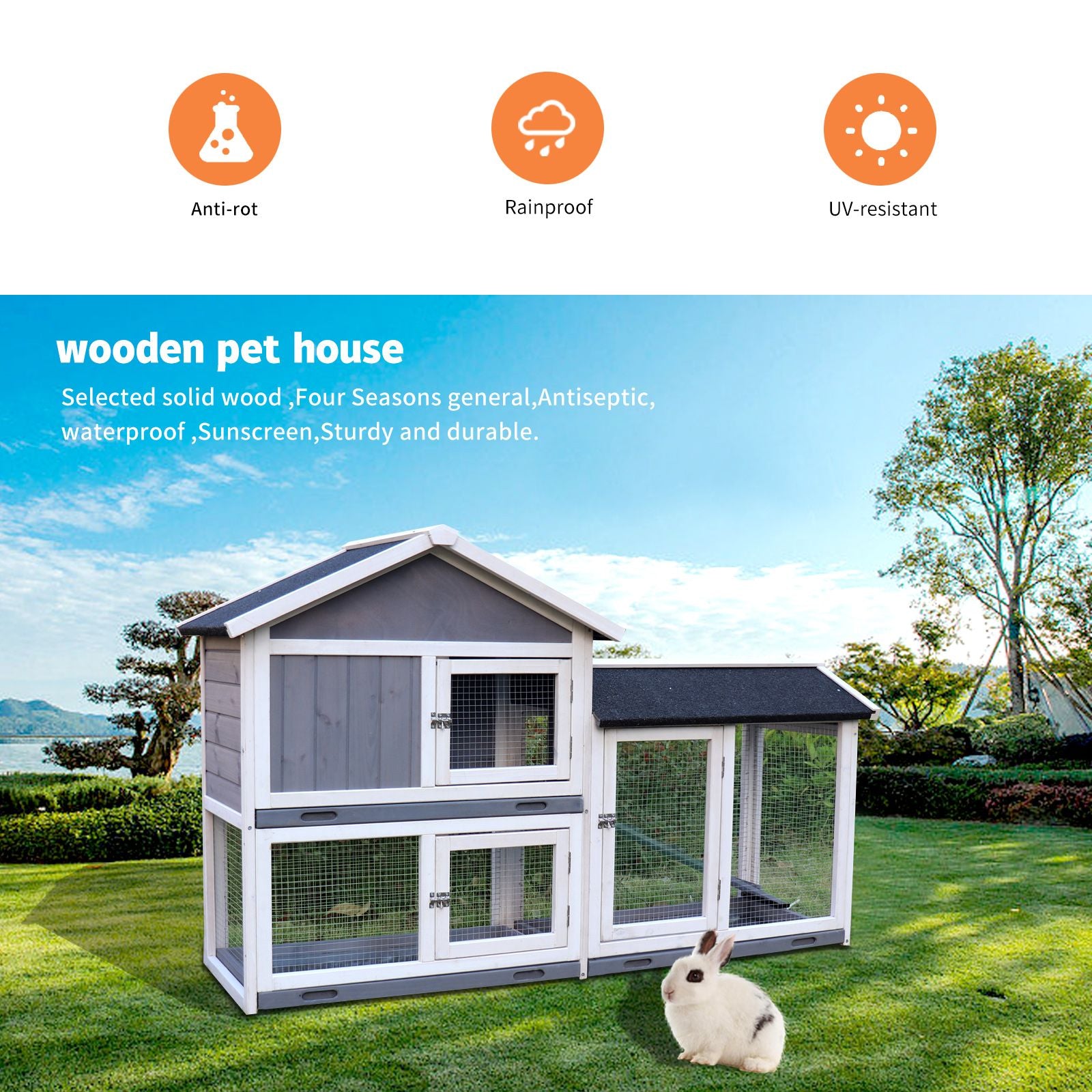 Indoor rabbit hutch with run made of solid wood, anti-rot, rainproof, UV-resistant for pet safety