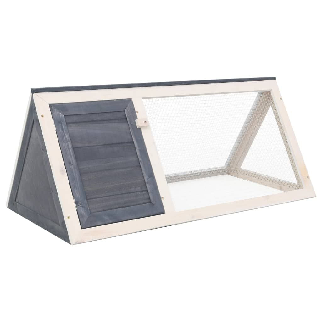 Wooden rabbit hutch gray with triangular shape, mesh window, and hinged door for pet enclosure