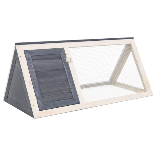 Wooden rabbit hutch gray with triangular shape, mesh window, and hinged door for pet enclosure