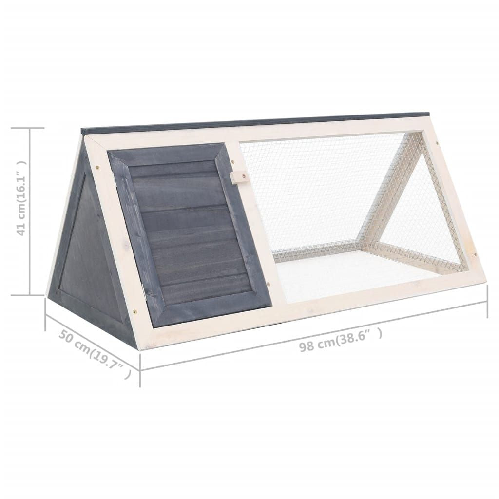 Gray wooden rabbit hutch gray with mesh side panel and small access door for outdoor use