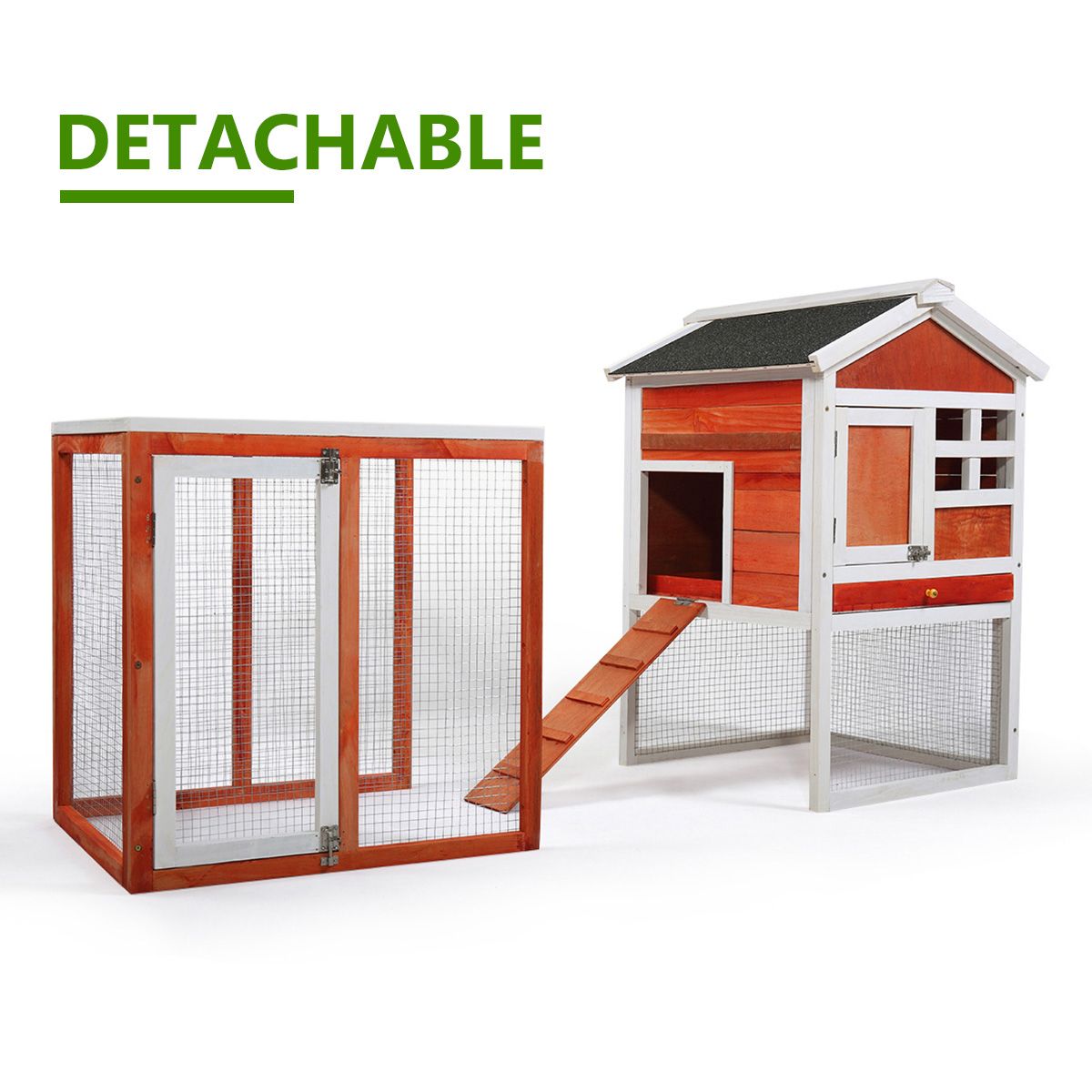 Detachable 2 story rabbit hutch in red and white with wooden ramp and wire mesh enclosure