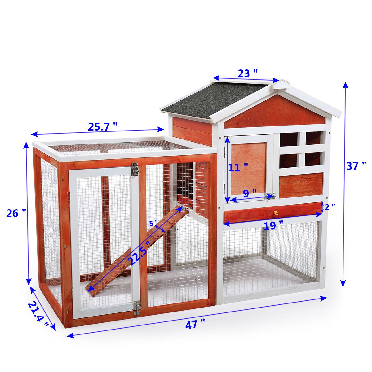 Wooden 2 story rabbit hutch with wire mesh enclosure and sloped roof from PawCounter.com