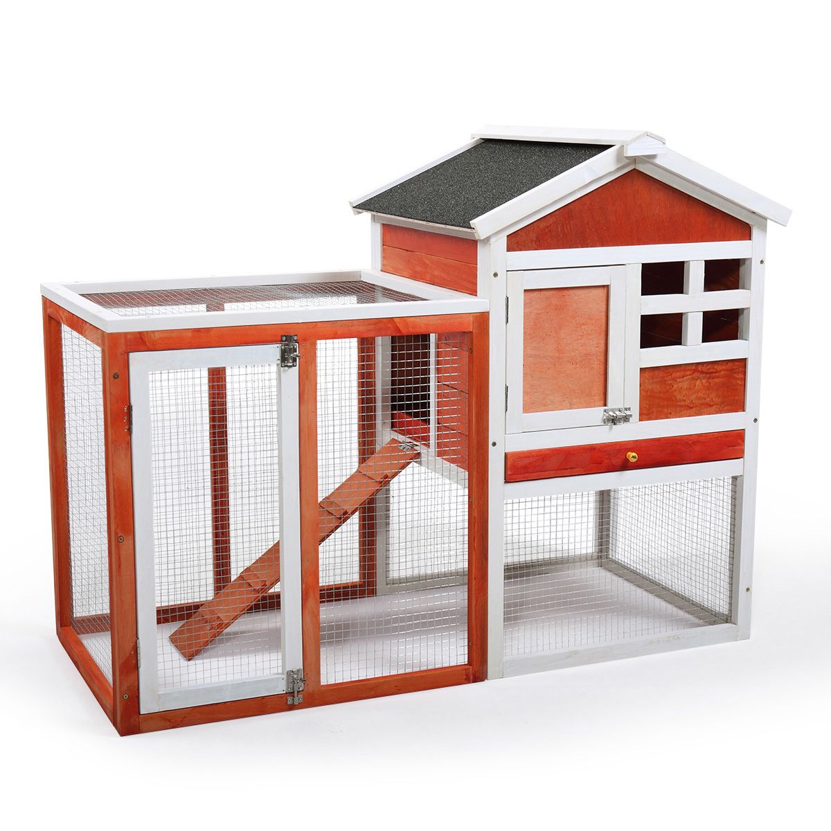 2 story rabbit hutch with wooden frame and wire mesh enclosure for small pets