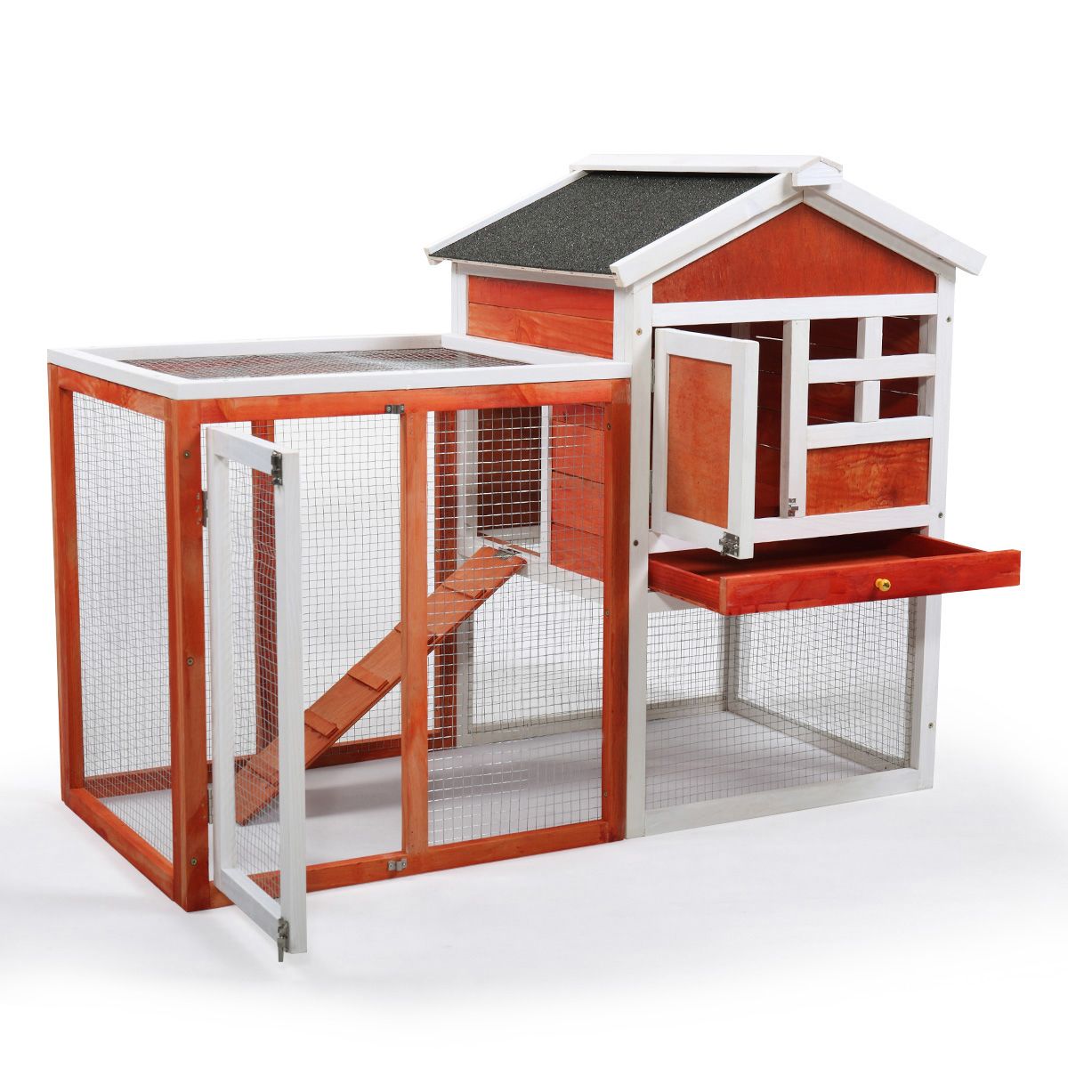 PawCounter.com 2 story rabbit hutch with wooden frame and wire mesh enclosure for small pets
