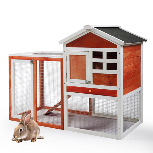 2 story rabbit hutch with red and white wooden frame and mesh enclosure for rabbits