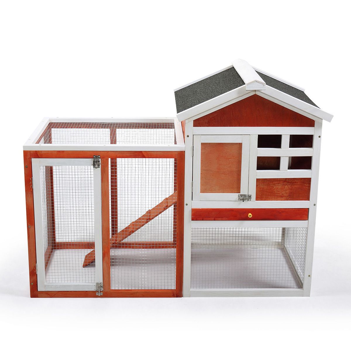 PawCounter.com 2 story rabbit hutch with wire mesh enclosure and wooden frame in white and brown