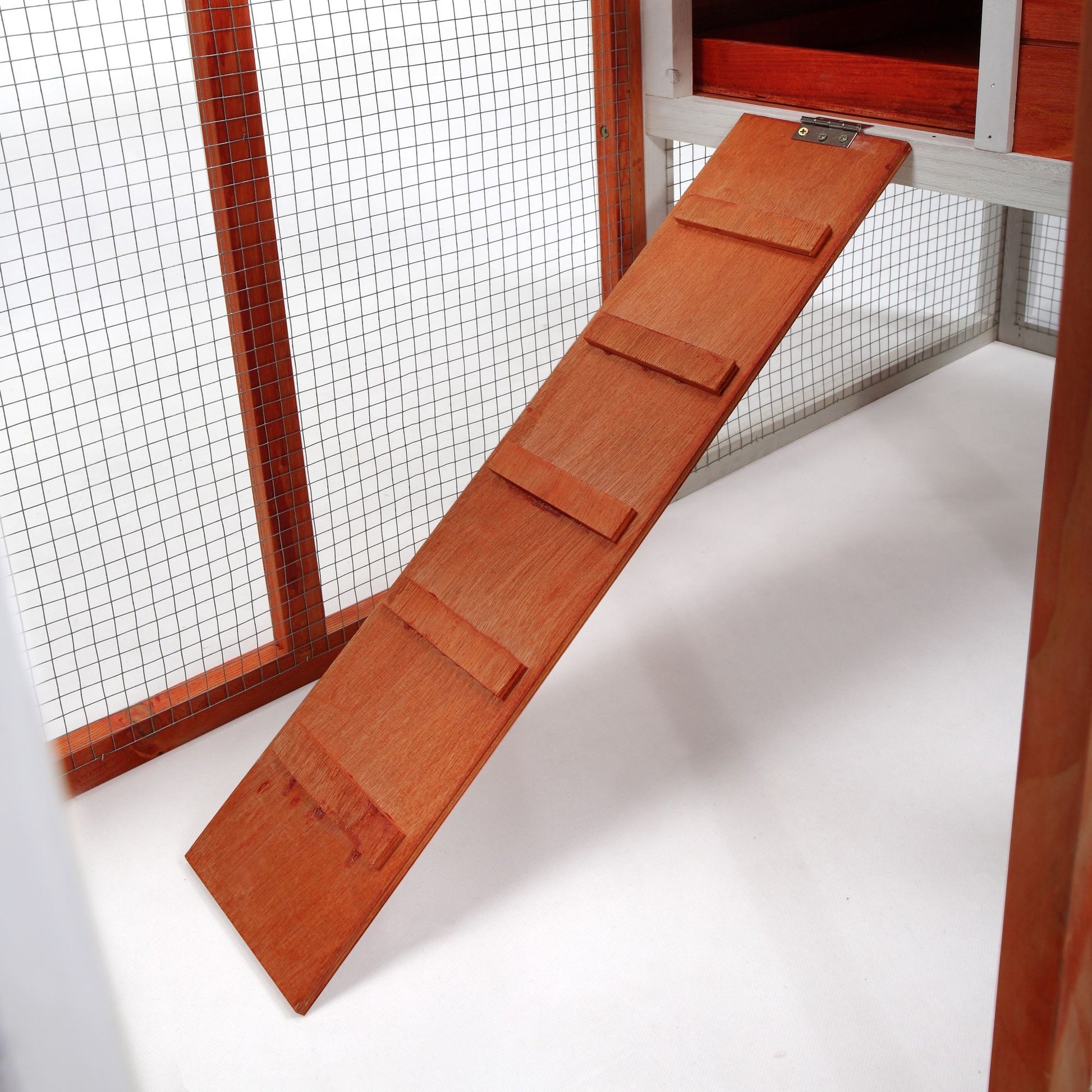 Wooden ramp inside 2 story rabbit hutch providing easy access between levels