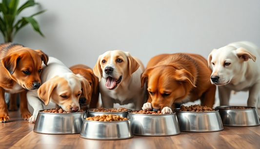 A variety of dogs eating premium dog food in bowls