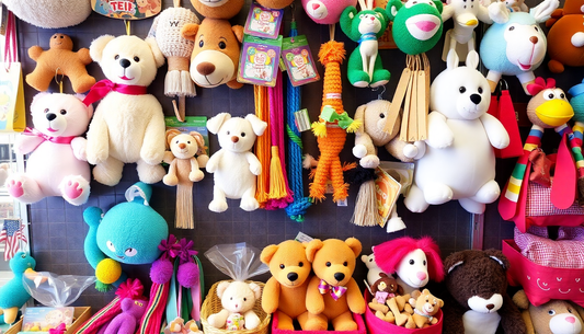 Variety of pet toys and accessories displayed