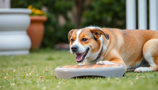 A happy dog playing with an interactive puzzle feeder