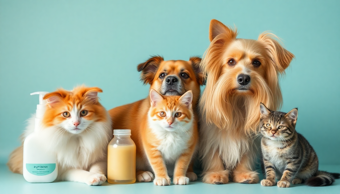 Eco-friendly pet grooming supplies with dogs and cats
