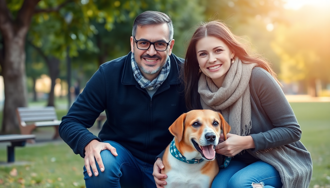 A happy family with their adopted dog in a park