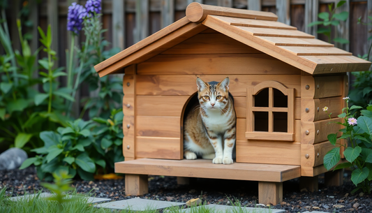 A cozy outdoor cat house in a garden setting
