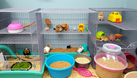 Small animal cages with toys and food supplies