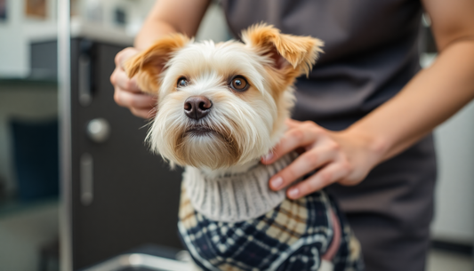A dog wearing a trendy sweater being groomed
