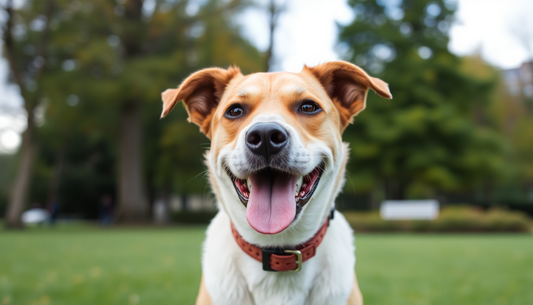A happy dog wearing a bark collar in the park