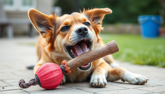 A dog chewing an interactive toy with enthusiasm