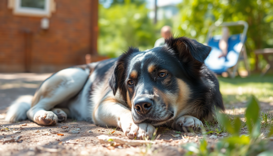 A dog resting in the shade on a hot summer day