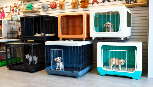 A variety of modern pet cages displayed in a pet store