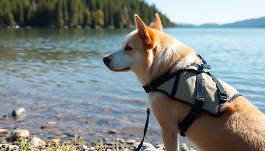 A dog wearing a life jacket near a lake