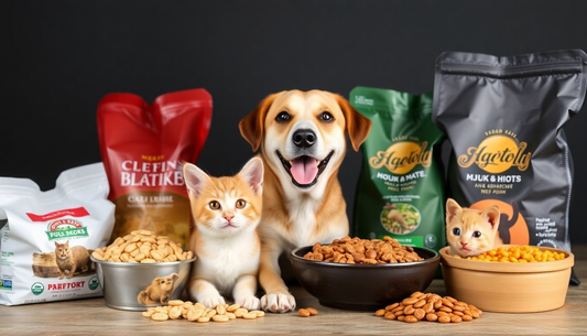 A variety of healthy pet foods for dogs, cats, and small animals