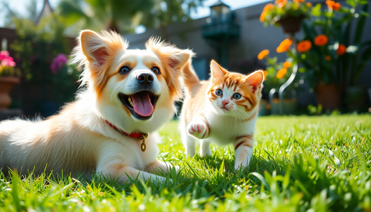 A happy dog and cat playing in a sunny garden