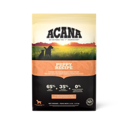 Acana Puppy Recipe dry dog food bag with 65 percent meat ingredients by The Family Pet
