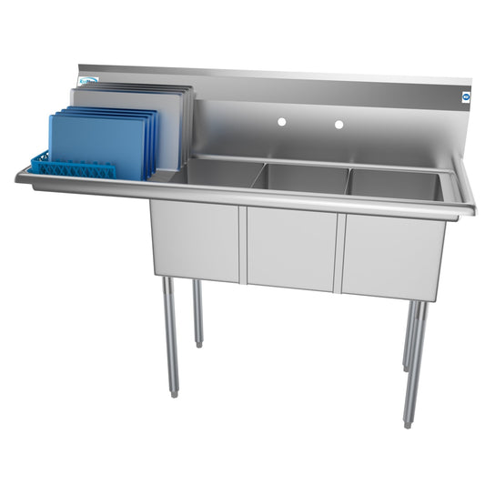 KOOLMORE 55 in. Three Compartment Stainless Steel Commercial Sink with Drainboard, Bowl Size 12"x 16"x 10"  - SC121610-16L3.