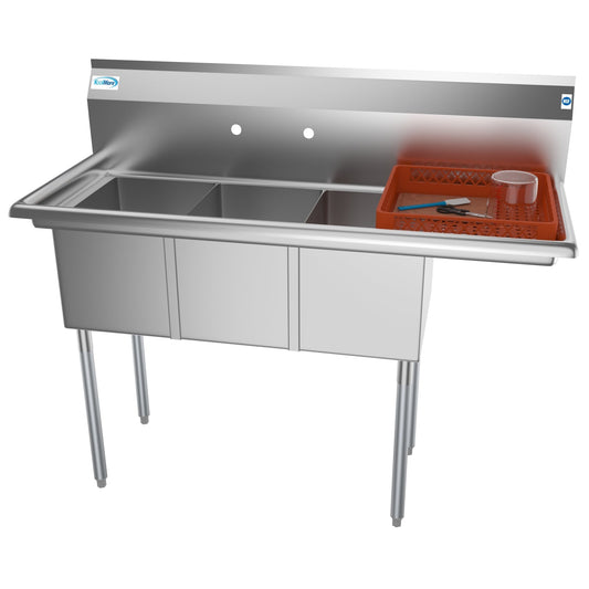 KOOLMORE 51 in. Three Compartment Stainless Steel Commercial Sink with Drainboard, Bowl Size 12"x 16"x 10" -  SC121610-12R3.