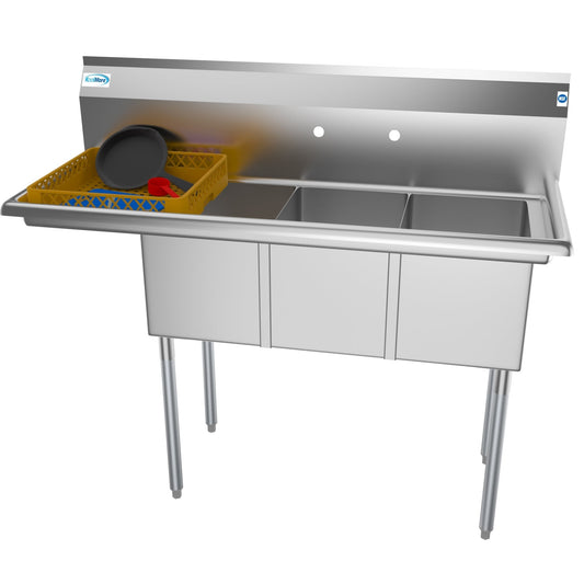 KOOLMORE 51 in. Three Compartment Stainless Steel Commercial Sink with Drainboard, Bowl Size 12"x 16"x 10"  - SC121610-12L3.