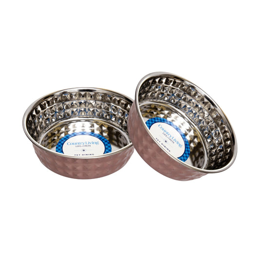 Country Living Set of 2 Hammered Stainless Steel Dog Bowls – Ideal for Extra Large Breeds – Rose Quartz/64oz